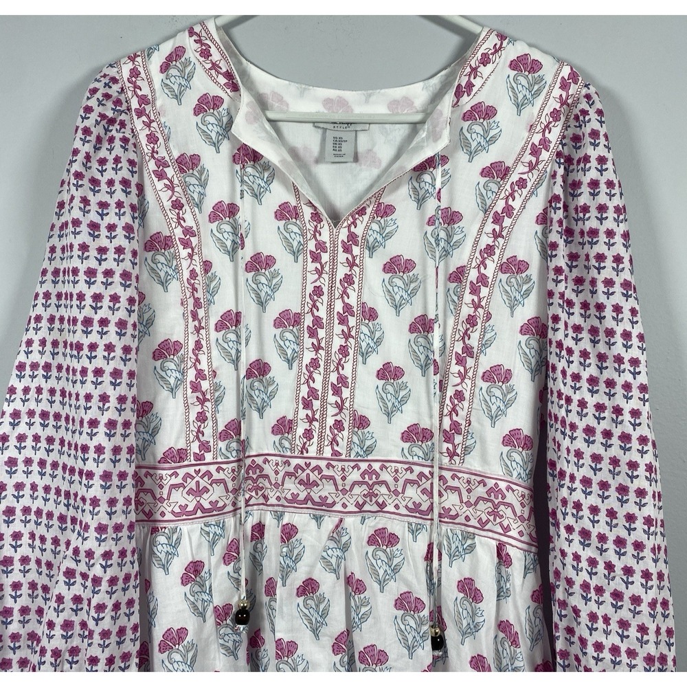 Haute Hippie Dress Womens XS White Pink Floral Mini Tie Neck Cottagecore Boho - Picture 2 of 7
